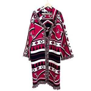 Vintage Womens Southwestern Maxi Blanket Coat Size OS Red Western Aztec Navajo‎